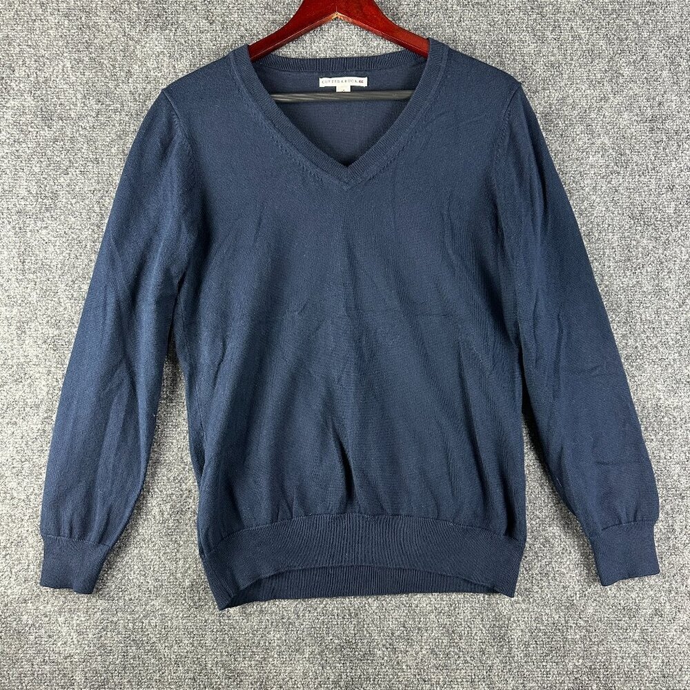 Cutter & Buck Sweater Womens Large V Neck Pullover Blue Supima Cotton Ribbed Hem